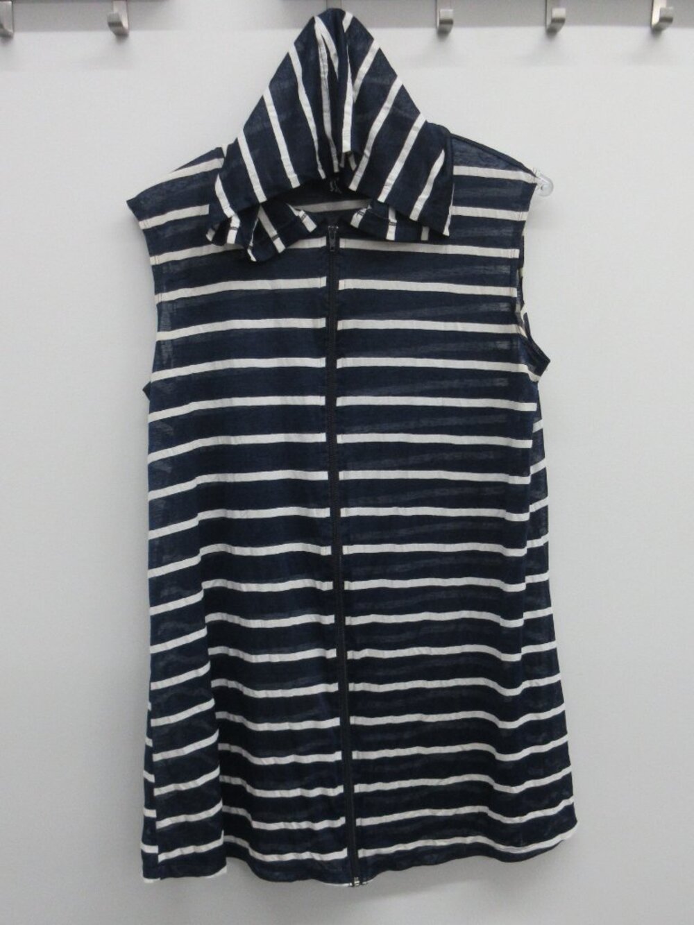 PORTOCRUZ HOODED SWIM COVER UP XL DARK BLUE WHITE STRIPES SLEEVELESS ZIPPED